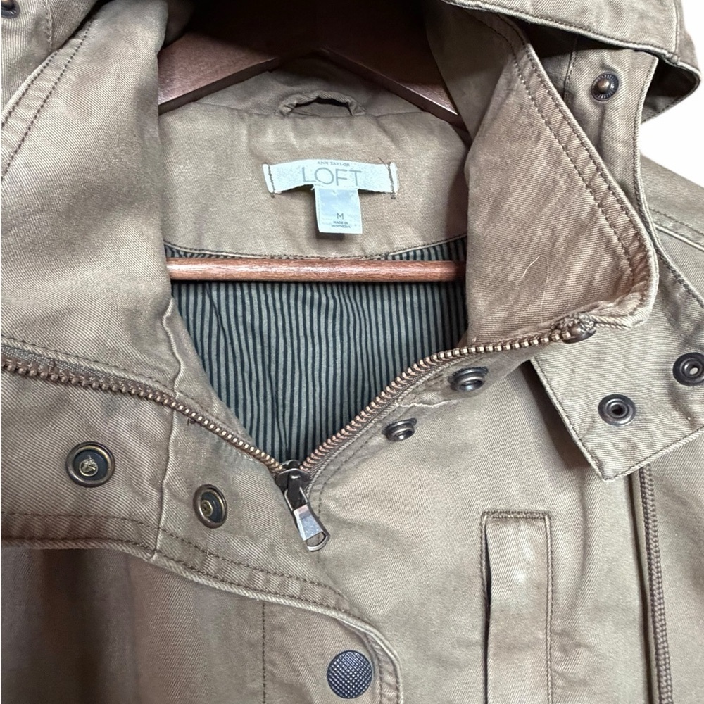 LOFT Tan Hooded field barn Jacket Button front and zipper cinched waist-SZ M - Picture 7 of 12